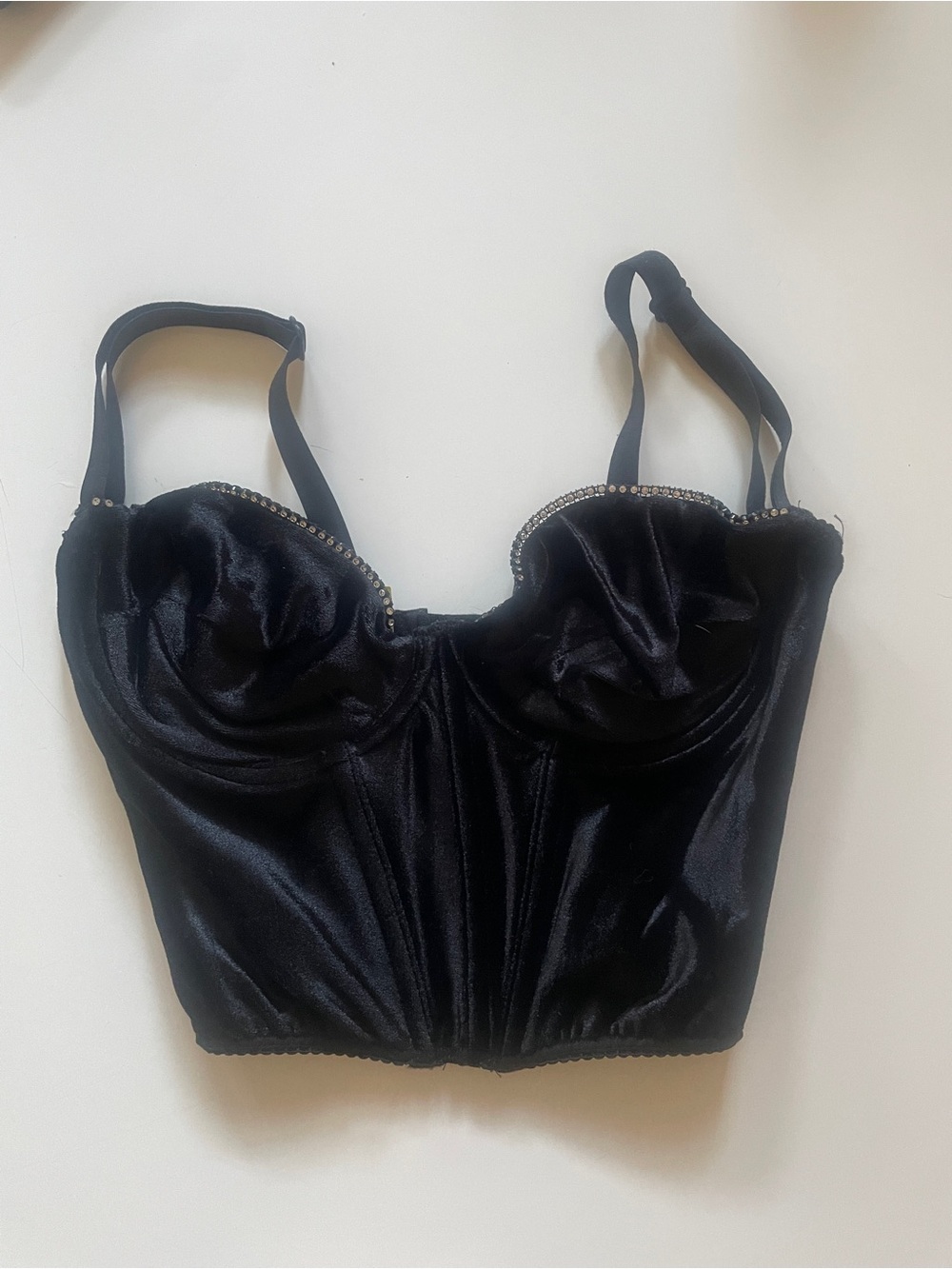 Vintagw Black Velour Bustier Top with Rhinestone Trim